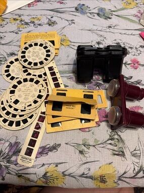 Vintage View-Master Reels and Red Binocular Viewers with Reels including Holiday